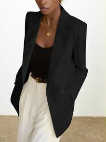 Aveloria Modichic Women's Business Style Solid Color Double-Breasted Blazer Jacket For Commuting, Autumn  - Black - View 3