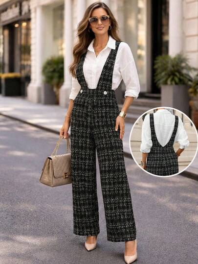 Editum Women's Black Deep V-Neck Ruched Waist Jumpsuit, Front Panel Patchwork Design, Elegant & Refined Teacher's Outfit, Suitable For Commuting, Office, And Formal Occasions Spring Outfit Women Tweed Woman Office Outfits For Women Set Black And White Jumpsuit For Women Summer Outfits Spring Break Outfits Carnival Costume Women Suitable For Spring/Summer Carnival Work Jumpsuits For Woman Black And White Overall Jumpsuit Women's Plaid Overalls Casual Overalls For Women