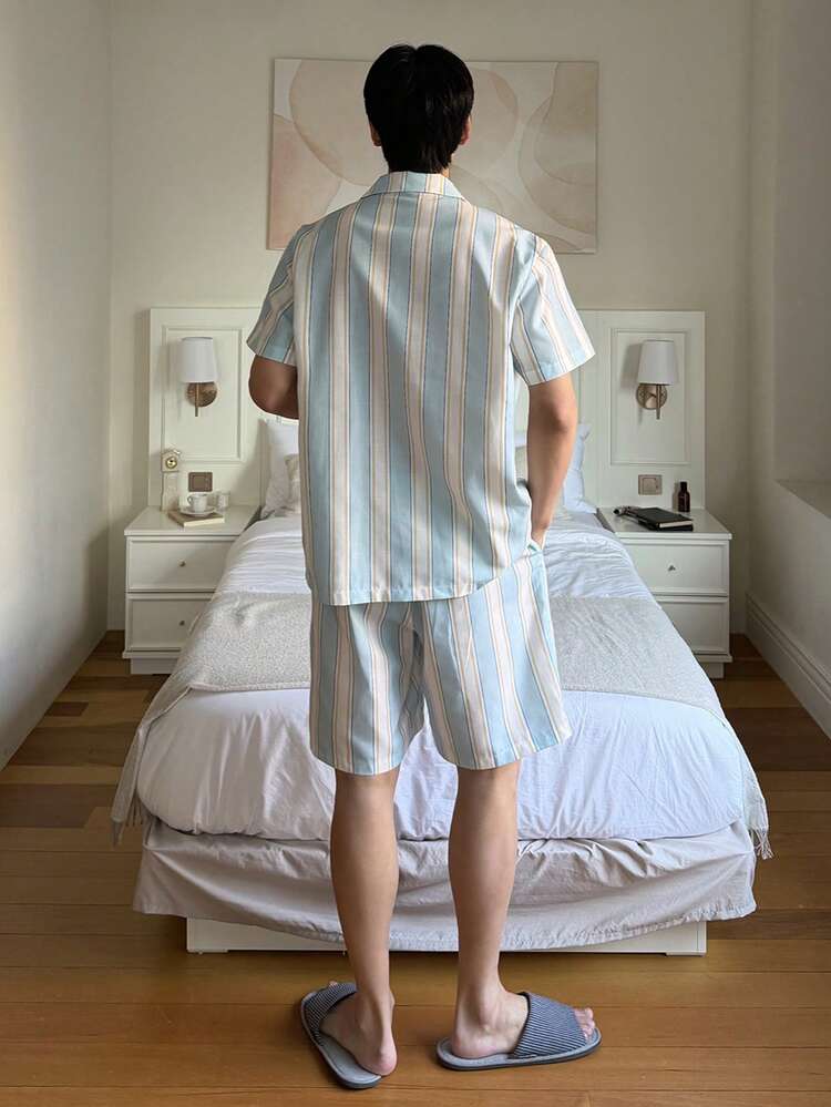 Men's Striped Short Sleeve Shirt And Shorts Pajama Set, Summer