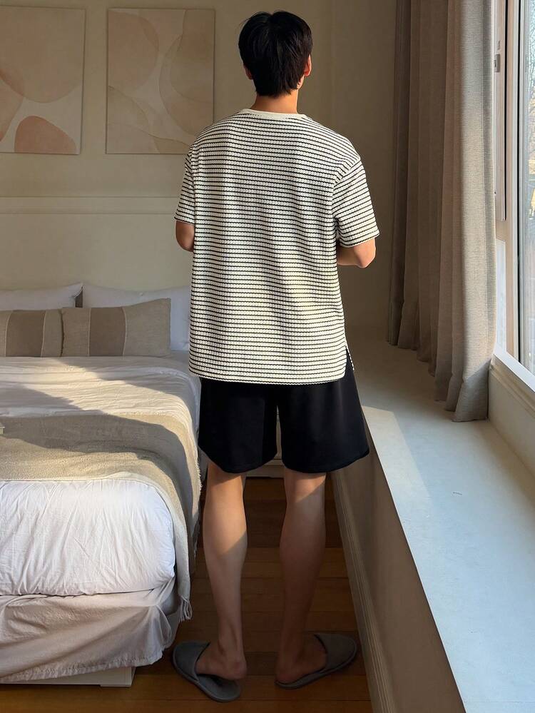 Men's Striped Short Sleeve T-Shirt And Shorts Pajama Set, Summer