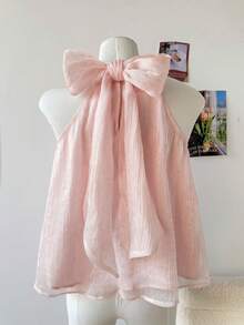 SHEIN Blusa elegante y dulce de gasa fruncida con cuello alto y línea A, con decoración de lazo en la espalda, para niñas preadolescentes, primavera/verano - Rosa - Ver 2