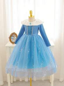 SHEIN Glamorique Kids 女童公主裙，蓝色公主裙，白色毛领，长袖，亮片，披肩，生日派对，婚礼，节日，舞会礼服，优雅正式礼服 - 水鴨藍 - 查看 3