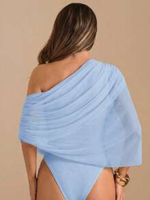 SHEIN BAE 秋冬季纯色棕色/咖啡色褶皱修身优雅连体衣，紧身显瘦连体衣，垂褶上衣 - 淺藍色 - 查看 2