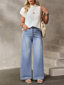 EMERY ROSE 女士休闲日常通勤百搭纽扣开襟宽松阔腿牛仔裤 - 藍色 - 查看 7