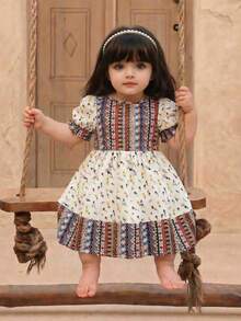 SHEIN Babygirl Cute Geometric Print Short Sleeve Dress, Summer - Multicolor - View 5