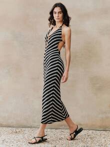 Anewsta Women's Sleeveless Striped Midi Dress With Halter, Beach Cover-Up, Spring/Summer Deep V Dress Zebra Dress Swim Swimsuit Dress - Black and White - View 7