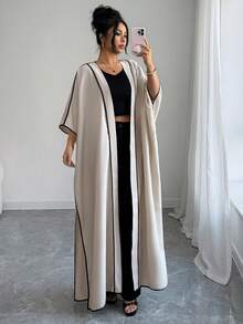 SHEIN Elenzya Black Contrast Trim Patchwork Loose Front Open Jacket - Khaki - View 1