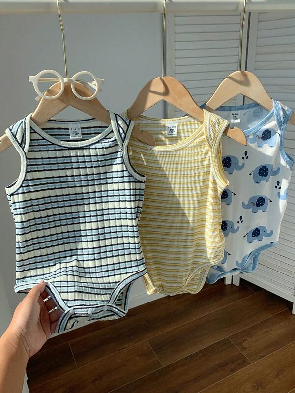 SHEIN 3pcs Newborn Baby Unisex Clothes, Cute Knitted Striped Cartoon Elephant Print Rompers, Summer Basic Bodysuit Outfit Set
