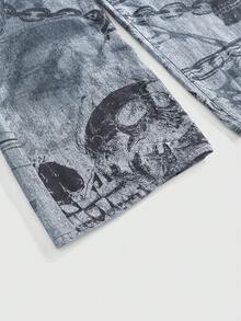 ROMWE Grunge Punk Jeans anchos y sueltos con estampado de cadena de calavera y esqueleto de estilo gótico oscuro - Azul - Ver 4