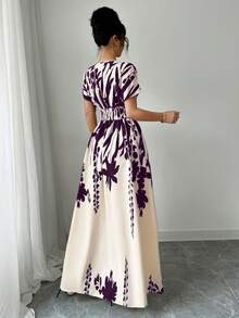 Elenzga V领收腰印花长裙，优雅迷人，适合春夏、秋冬四季穿着，也可作为音乐会、晚礼服、日常通勤、婚礼季/音乐节等场合的礼服。 - 紫色 - 查看 2