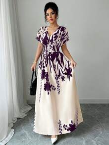 Elenzga V领收腰印花长裙，优雅迷人，适合春夏、秋冬四季穿着，也可作为音乐会、晚礼服、日常通勤、婚礼季/音乐节等场合的礼服。 - 紫色 - 查看 5