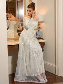 Poshira Luxury Beaded Sparkling Evening Gown, High-End Formal Dress, Elegant Dignified Lady Style - Apricot - View 4