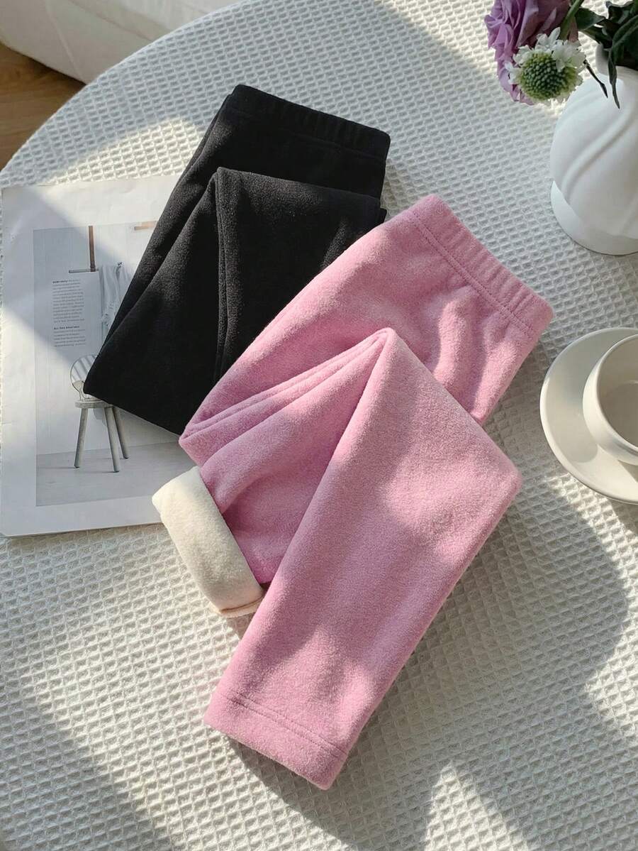 SHEIN Young Girl 2pcs/Set Casual Solid Color Warm Leggings - Mauve Purple - View 1