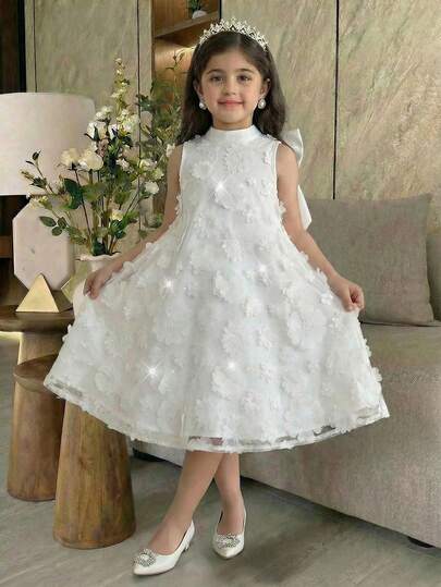 SHEIN Vestido casual de niña con flor 3D, lazo y malla de unicolor
