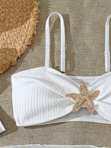 SHEIN Bộ bikini sọc trắng cho bé gái tuổi teen với họa tiết sao biển vàng, yếu tố ngọt ngào cổ điển cho kỳ nghỉ biển, món đồ bắt mắt cho bé gái tuổi teen - trắng - Xem 3