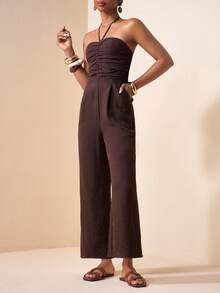 Zivah 2026春夏新款音乐节、复活节、圣帕特里克节、情人节、约会、西部风、游牧风、生日派对、毕业典礼、大学、学生、日常穿着、百搭基础款、休闲、度假、邮轮旅行、海滩、日光浴、热门款、街头风、婚礼宾客波西米亚风、通勤、早午餐、机场、派对、假日郊游、办公穿着、露背系带连体裤（带侧袋）、踝部系带棕色亚麻连体裤 - 棕色 - 查看 5