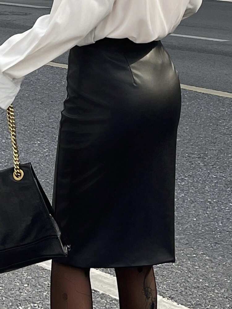 Women's Solid Color PU Leather Slit Hem Elegant Pencil Skirt