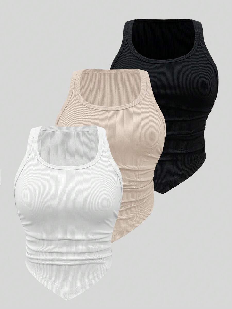SHEIN ChicEase Multi-Color Set Of Camisole Tops With V-Shaped Hem And Pleated Back 3 Pack Tops Tank Tops Women Women's Tank Tops Ribbed Tank Tops Ribbed Tops Tight Tops - Multicolor - View 1