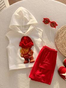 SHEIN 2件套婴儿/男婴可爱小熊图案无袖针织上衣T恤和红色工装短裤，春夏男婴服装，套装，街头服饰 - 酒紅色 - 查看 4