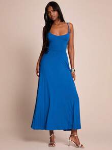 SHEIN BAE Women's Sleeveless Solid Navy Blue Dress With Ruffle Hem, Suitable For Vacation, Beach, Elegant Wedding Guest Attire - Blue - View 3