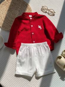 SHEIN 2pcs/Set Baby Boy Baby Boy Spring/Summer Fashion Casual Red Long Sleeve Woven Shirt And White Shorts Outfit Baby Boy Burgundy Clothes Baby Boy Red Shirt - Burgundy - View 4