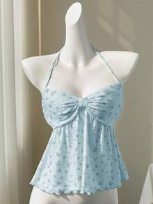 Elamini 黄色碎花镂空V领性感露背吊带背心，甜美迷人，春夏款 - 淺藍色 - 查看 5