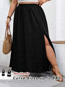 SHEIN CURVE+ Váy nữ dáng suông US22, thích hợp cho lễ hội âm nhạc, kỳ nghỉ biển, phong cách bohemian, màu trơn, cạp chun, xẻ tà bên hông, thích hợp mặc mùa hè. - màu đen - Xem 3