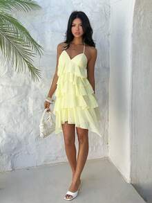 Aloruh Women's Elegant Sexy Fashionable Romantic Date/Graduation/Party Layered Ruffle Halter Backless Tie Strap Mini Dress, Light Yellow, Spring/Summer - Light Yellow - View 7