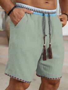 Genlund Quần short nam phong cách bohemian cổ điển, thích hợp mặc hàng ngày đi biển, được làm từ chất liệu giả lanh có họa tiết và dây đai, có thắt lưng co giãn, hoàn hảo cho kỳ nghỉ ở bãi biển Hawaii, các lễ hội âm nhạc và mặc hàng ngày, cũng là một món quà tuyệt vời cho bạn trai hoặc chồng của bạn. Quần short nam mùa hè có dây rút và tua rua, trang phục mùa hè cho nam, quần short nam, vải lanh mùa hè - Màu xanh lục của thợ săn - Xem 7