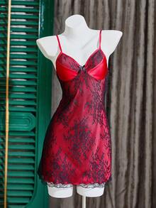 SHEIN Faux Silk Contrast Lace Mesh Double Layer Sexy Women Nightgown - Burgundy - View 5