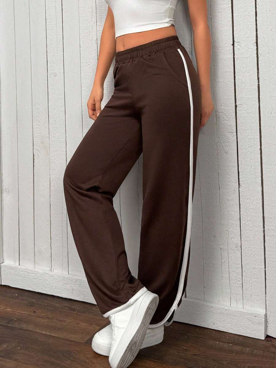 SHEIN PETITE Contrast Tape Side Elastic Waist Sweatpants - Brown - View 1