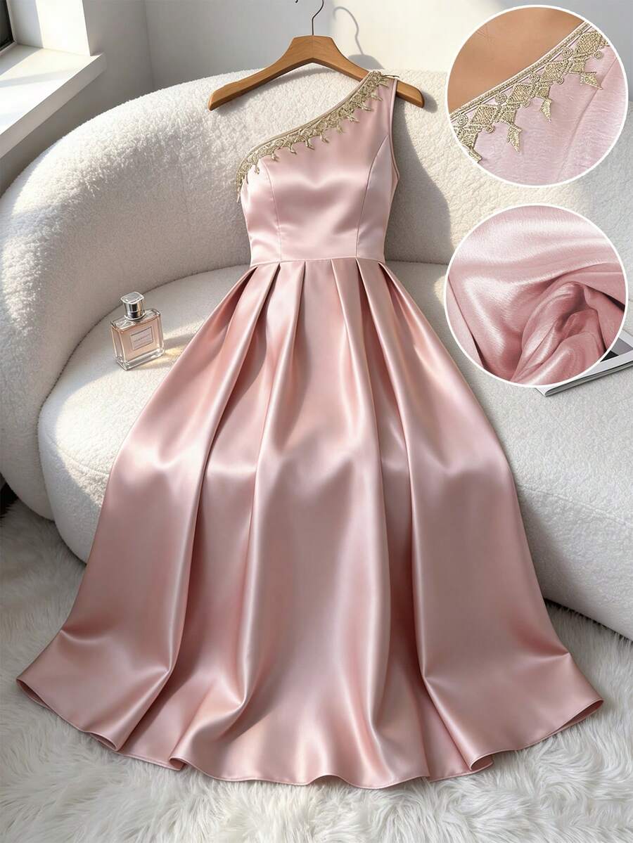 Elenzga Women Elegant Pink Sleeveless Long Dress Asymmetrical Neck With Delicate Gold Embroidery Flared Silhouette Bride Prom Gown - Pink - View 1