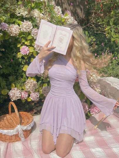SHEIN MOD Women's Asymmetric Shoulder Purple Mesh Mini Dresss, Bell Sleeve ,Spring/Summer,Valentine's Day,Holiday Clothes ,Beach Dress ,Elegant Top For Party ,Wedding Guest Top,Resort Wear Women, Lavender Dress, Fairy Core Dress, Light Purple Dress, Asymmetrical Dress