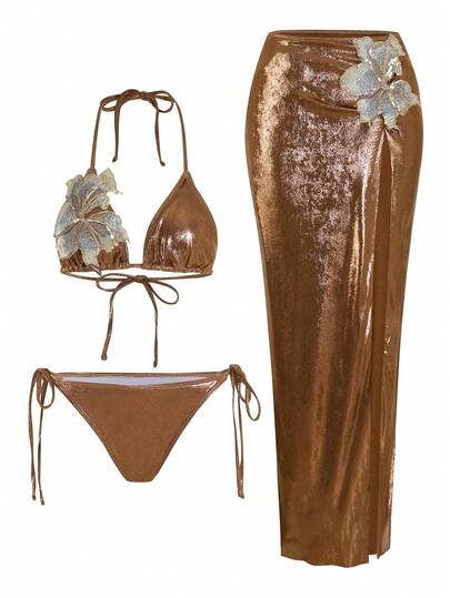 Swim Oasis Set de 3 piezas Nuevo traje de baño de una pieza de verano de alta gama con tela brillante, bordado de lentejuelas y flores en triángulo con efecto push-up para mujeres