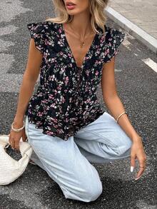 Serisse 女士碎花系带休闲衬衫，喇叭袖 - 粉色 - 查看 3