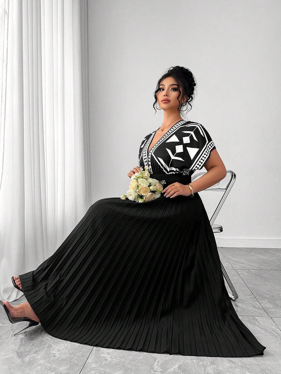 Elenzga Đầm nữ thanh lịch ôm dáng, thiết kế thắt eo, xếp ly co giãn, họa tiết hoa đen, đầm hè chất lượng cao. - màu đen - Xem 1