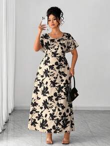 Elenzga Plus Size Women's Elegant Floral Print V-Neck Long Sleeve Waist Cinched A-Line Dress, Early Spring - Apricot - View 5
