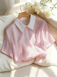 GlowEve CURVE Áo sơ mi nữ cỡ lớn tay ngắn cổ ve áo phối màu, cài một hàng khuy, kiểu dáng thường ngày. - Màu Hồng baby - Xem 1