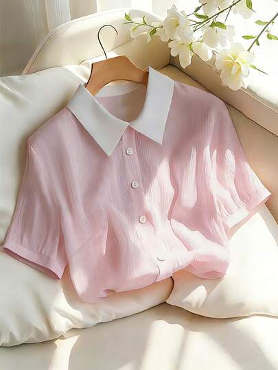 GlowEve CURVE Plus Size Women's Color Block Lapel Short Sleeve Single-Breasted Casual Shirt