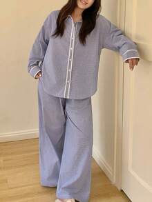 Dazy Plus Striped Color Block Loose Open Front Top And Long Pants Pajama Set, Spring/Autumn - Blue - View 4