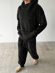 Claim Dot 男士纯色落肩长袖连帽衫带口袋休闲套装，秋冬款 - 黑色 - 查看 4