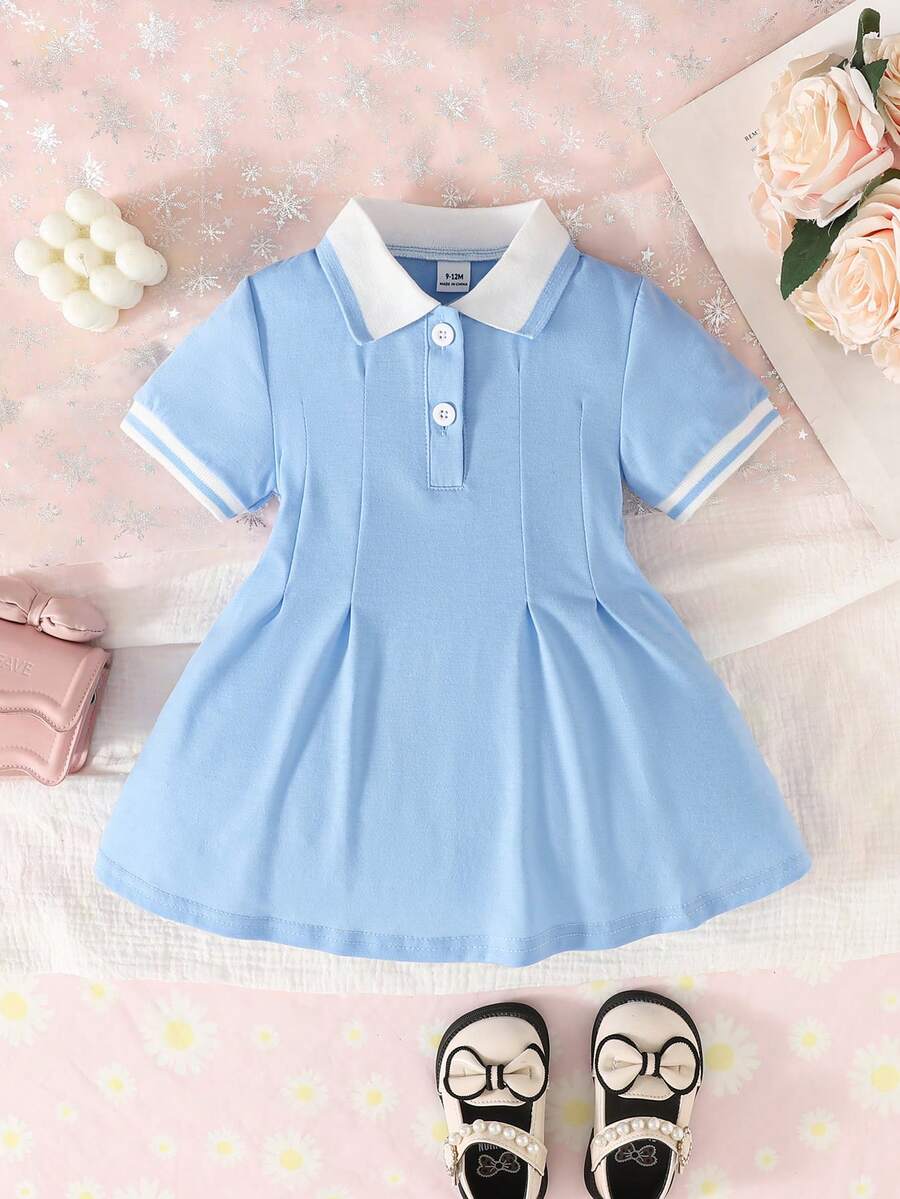 Souflis Souflis 1 chiếc đầm thường ngày màu hồng cho bé gái, cổ và tay áo bo gân, thích hợp để mặc ở nhà, đi chơi, chơi thể thao và dự tiệc. - Màu xanh lam - Xem 1