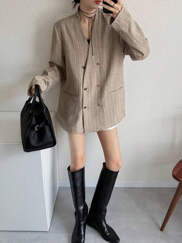 FRIFUL Women's Striped V-Neck Double-Breasted Metal Button Loose Casual Versatile Spring Blazer