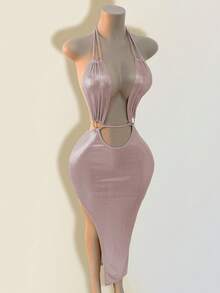 Mistrie 度假海滩性感纯色露背吊带裙 - 淺粉色 - 查看 7