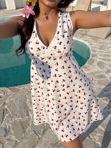 SHEIN 复古田园樱桃印花V领女式连衣裙，非常适合度假，清新甜美，适合日常通勤、聚会或作为礼物送给朋友。 - 彩色 - 查看 3