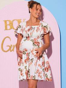 Loomaby 印花孕妇连衣裙，方领，优雅短袖 - 彩色 - 查看 5