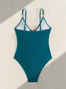 Swim Chiccia 1pc Women's Solid Color Spaghetti Strap Swimsuit With Gold Decor, Adjustable Back - Blue - View 5