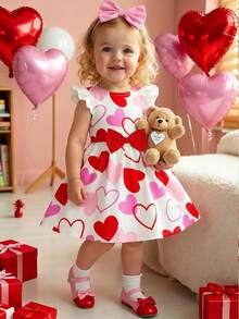 1 chiếc đầm cho bé gái 6 tháng - 2-3 tuổi, họa tiết trái tim và nơ lớn, tay bồng, chất liệu nhẹ, kiểu công chúa dễ thương, thích hợp cho ngày Valentine/mặc hàng ngày, mùa hè. - Nhiều màu - Xem 3
