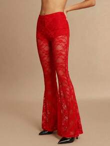 Silquee Pantalones acampanados de encaje transparente y sexy para mujer, adecuados para festivales de música, fiestas en la playa, carnavales y vacaciones, San Valentín, Navidad, citas, salidas, fiestas en discotecas y reuniones - Rojo - Ver 6
