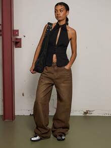 COUREZ Sleeveless Halter Neck Top With Front Cut Out And Tie Detail /Y2K Spring Clothes For Women Cute Sexy Going Out Tops Black Tops Music Festival Outfits Summer Tops - Black - View 2